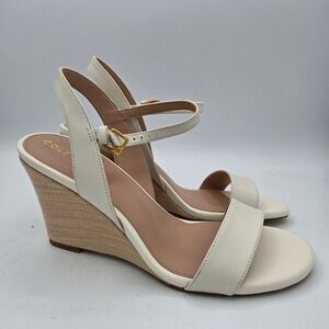 Cole Haan Josie Wedge Sandals Ivory Leather Natural Raffia Women's 6B NEW